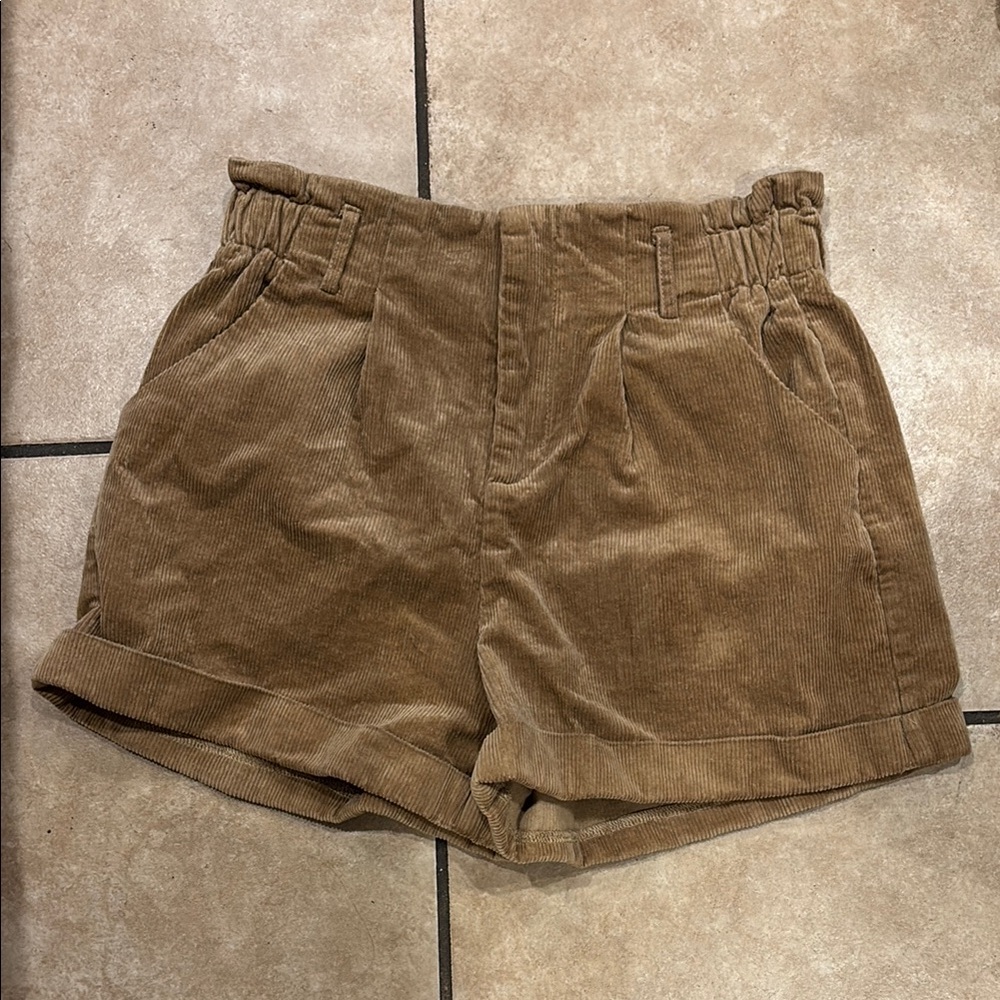 Cider Cream Tan Brown Corduroy Cuffed High Waisted Shorts